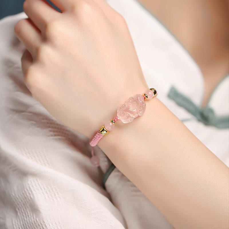 Braccialetto intrecciato con corda di cristallo rosa Buddha Stones PiXiu