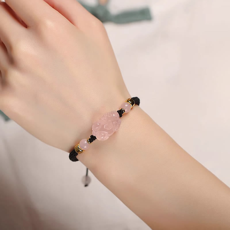 Braccialetto intrecciato con corda di cristallo rosa Buddha Stones PiXiu