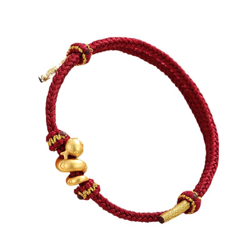 Braccialetto intrecciato con protezione in corda rossa con anno del serpente dorato in argento sterling 999 fatto a mano Buddha Stones