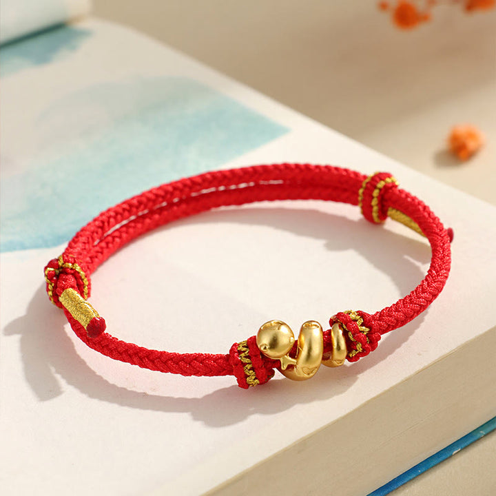 Braccialetto intrecciato con protezione in corda rossa con anno del serpente dorato in argento sterling 999 fatto a mano Buddha Stones