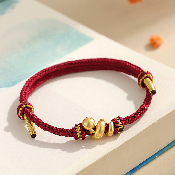 Braccialetto intrecciato con protezione in corda rossa con anno del serpente dorato in argento sterling 999 fatto a mano Buddha Stones