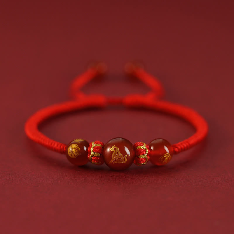 Braccialetto di protezione intrecciato con corda rossa in agata rossa fatto a mano con zodiaco cinese Buddha Stones