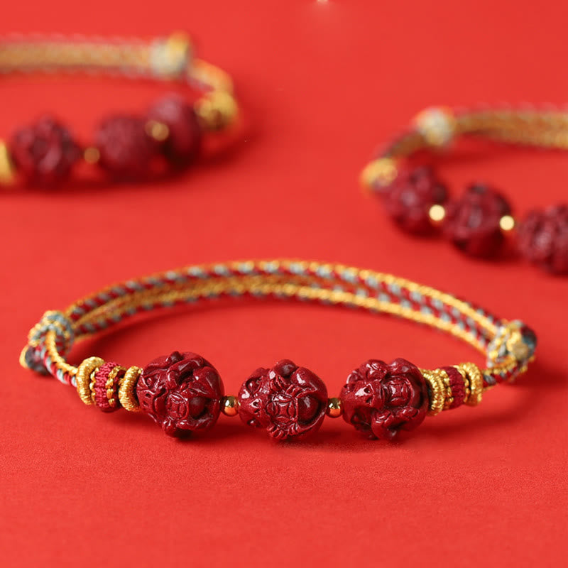 Braccialetto di benedizione intrecciato con cinabro rosso fatto a mano con Buddha Stones e zodiaco cinese
