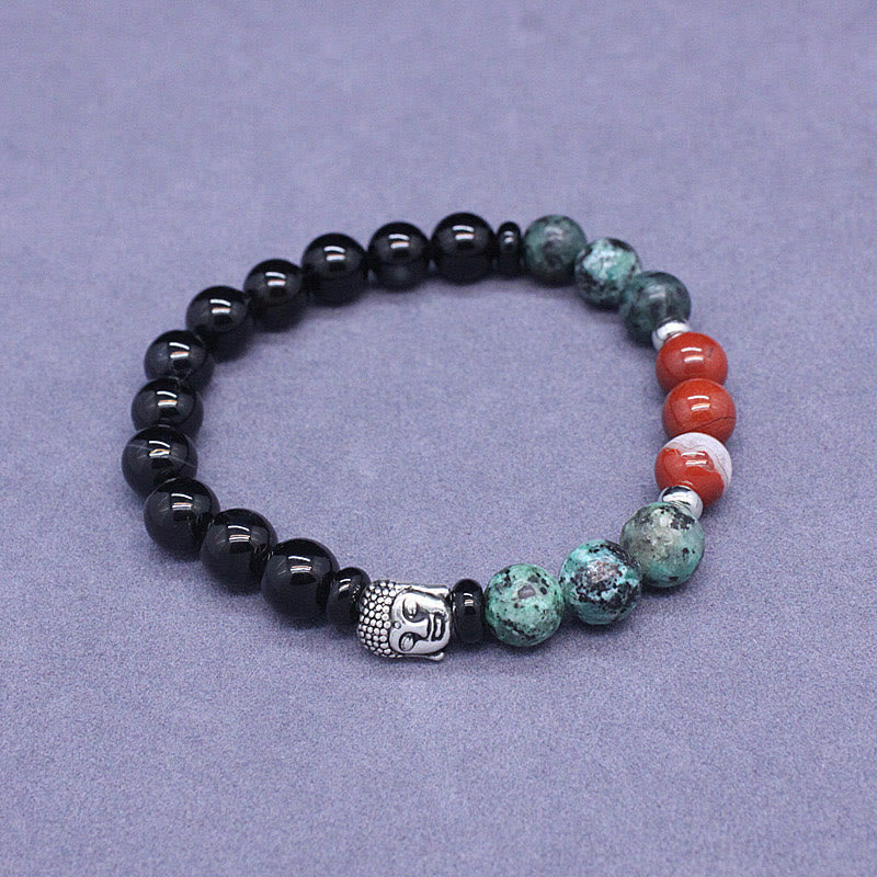 Buddha Stones Onice nero naturale Pietra bianca Avventurina verde Occhio di tigre Agata Colori misti Braccialetto di protezione per la testa del Buddha