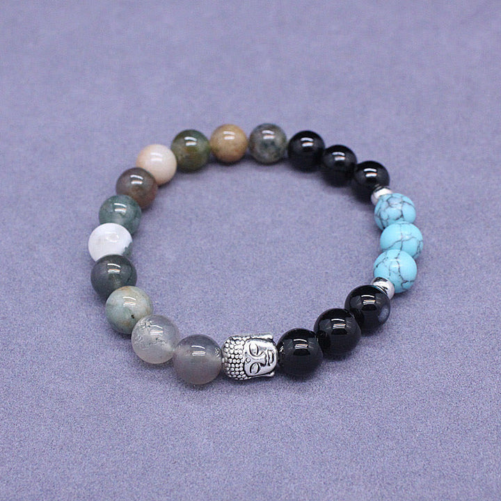 Buddha Stones Onice nero naturale Pietra bianca Avventurina verde Occhio di tigre Agata Colori misti Braccialetto di protezione per la testa del Buddha