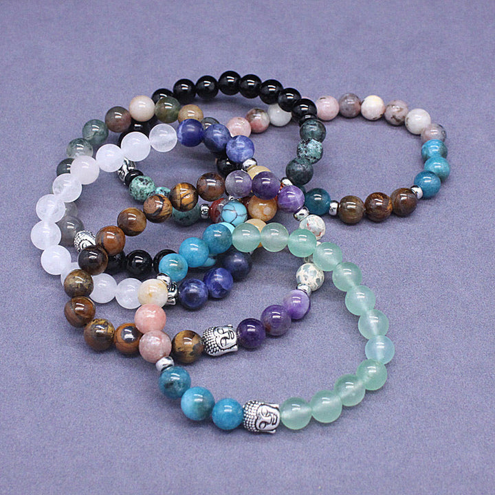 Buddha Stones Onice nero naturale Pietra bianca Avventurina verde Occhio di tigre Agata Colori misti Braccialetto di protezione per la testa del Buddha