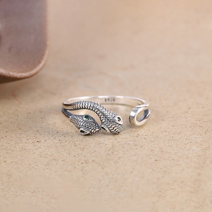 Buddha Stones 925 Sterling Silver Anno del serpente Anello aperto regolabile a due teste