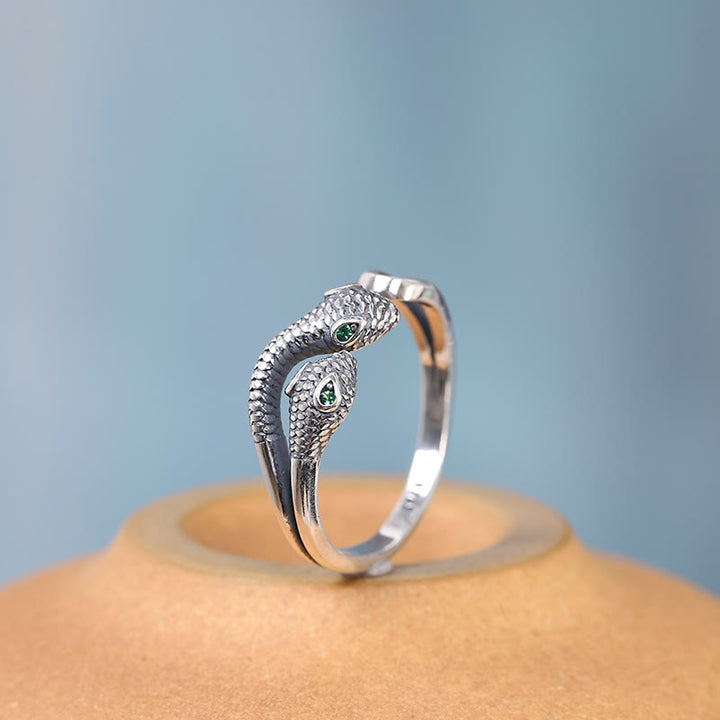 Buddha Stones 925 Sterling Silver Anno del serpente Anello aperto regolabile a due teste