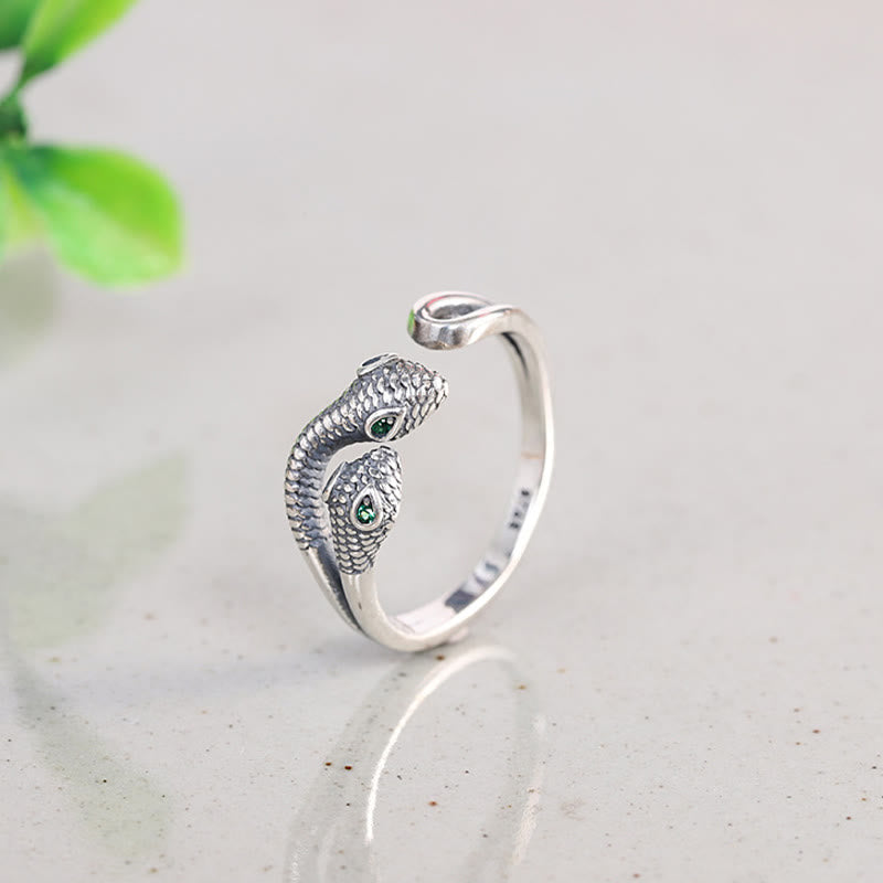 Buddha Stones 925 Sterling Silver Anno del serpente Anello aperto regolabile a due teste