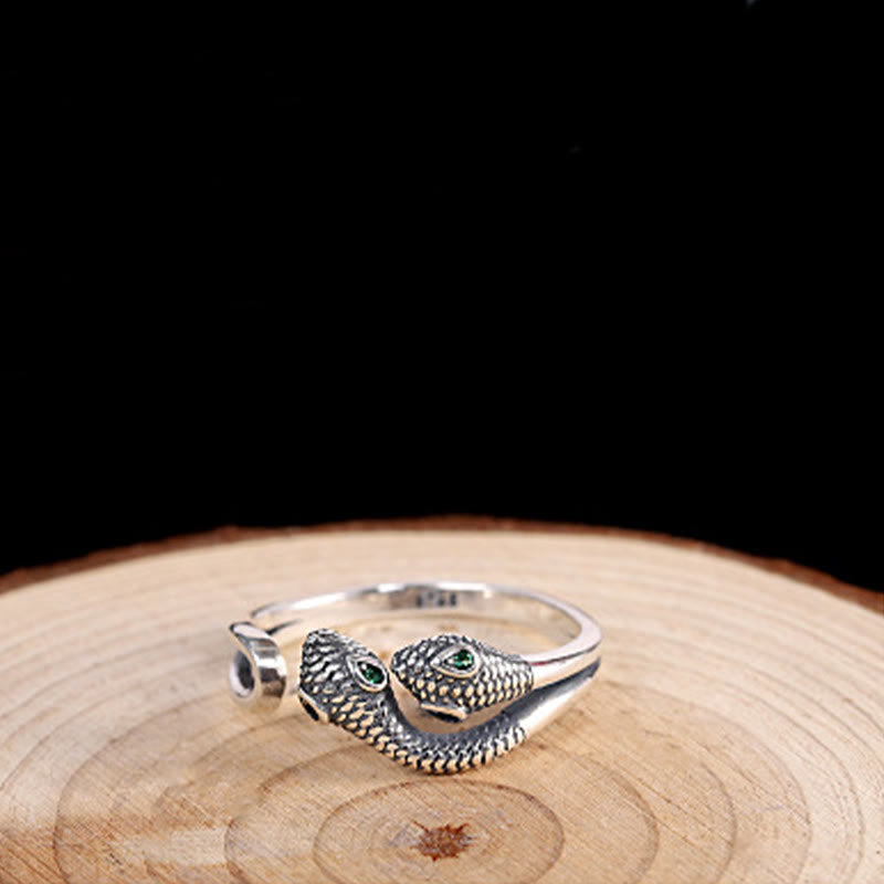 Buddha Stones 925 Sterling Silver Anno del serpente Anello aperto regolabile a due teste