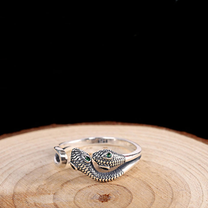 Buddha Stones 925 Sterling Silver Anno del serpente Anello aperto regolabile a due teste