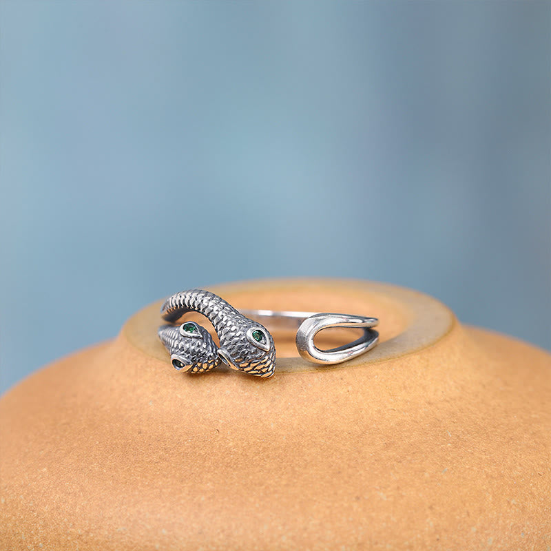 Buddha Stones 925 Sterling Silver Anno del serpente Anello aperto regolabile a due teste