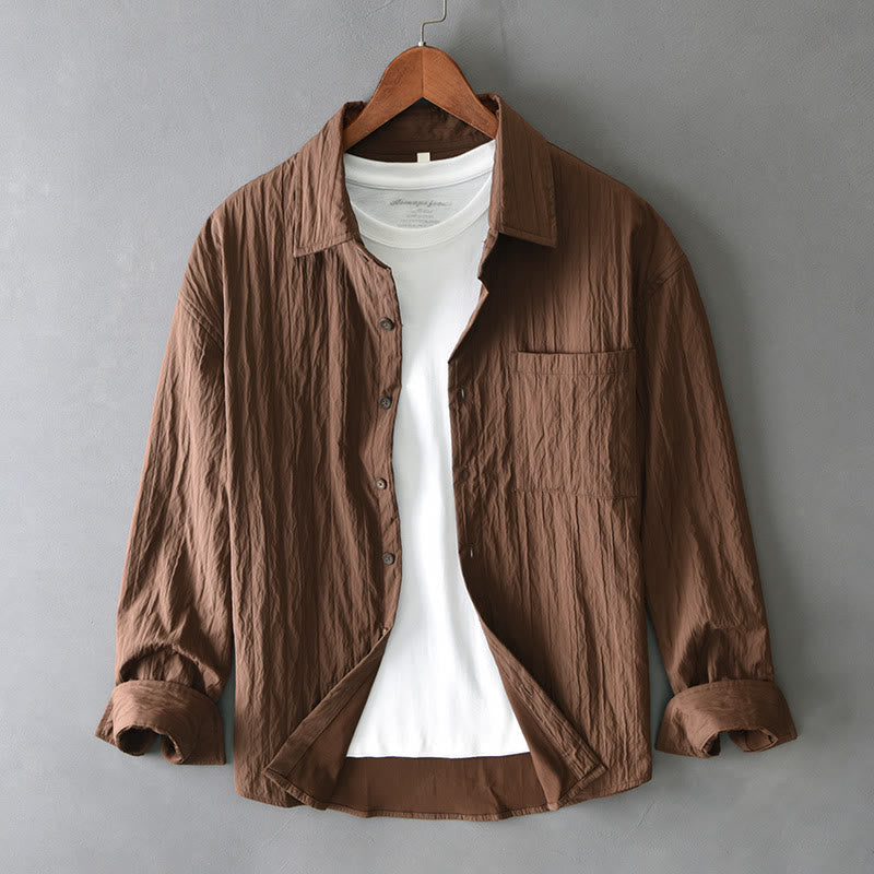 Camicia da uomo a maniche lunghe casual tinta unita Buddha Stones con tasca - Marrone sella - US/UK/AU42, EU52 (3XL) - image 0