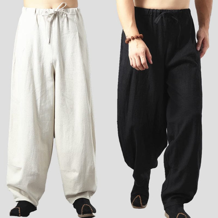 Pantaloni da uomo in lino di cotone con coulisse, casual, tinta unita, con tasche , Buddha Stones