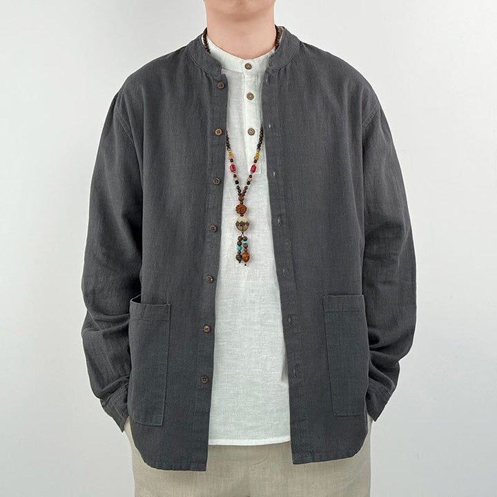 Camicia da uomo in cotone e lino ramiè casual tinta unita Buddha Stones con tasche - image 2