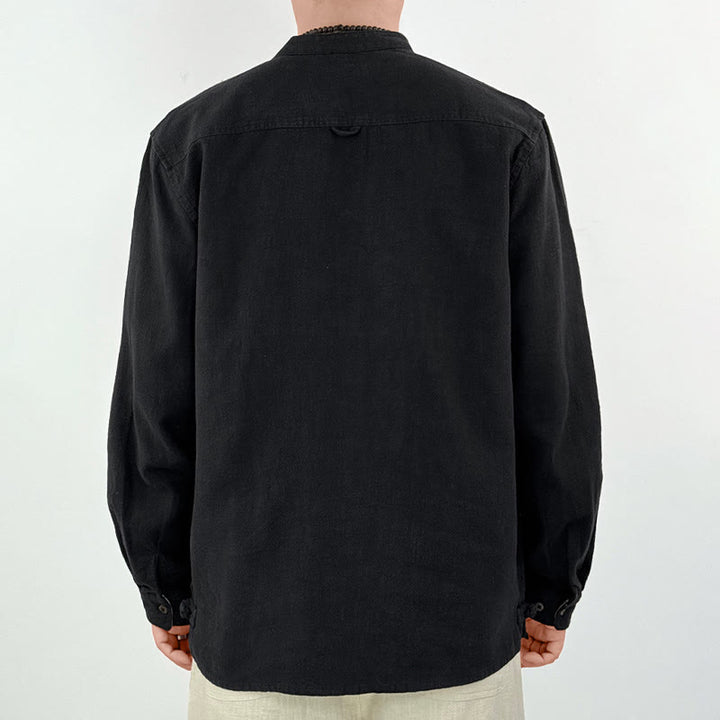 Camicia da uomo in cotone e lino ramiè casual tinta unita Buddha Stones con tasche - image 7