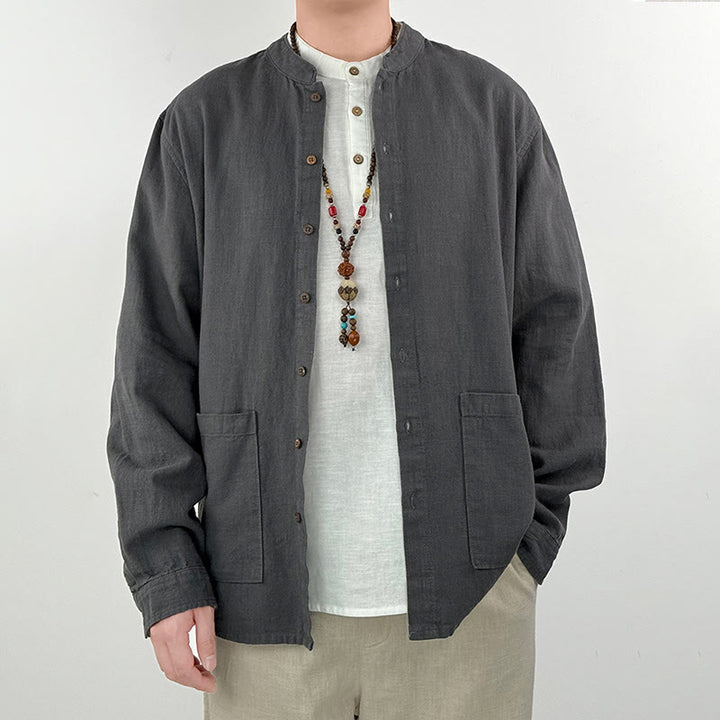 Camicia da uomo in cotone e lino ramiè casual tinta unita Buddha Stones con tasche