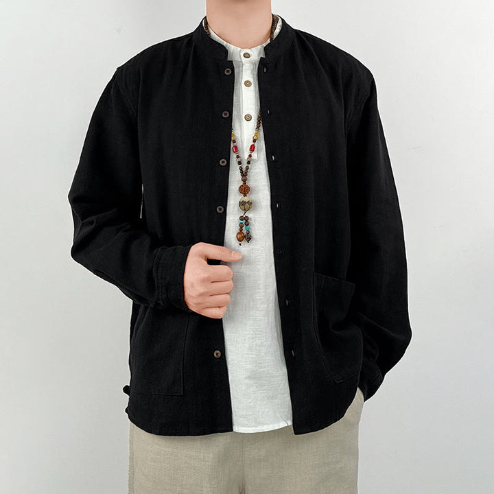 Camicia da uomo in cotone e lino ramiè casual tinta unita Buddha Stones con tasche