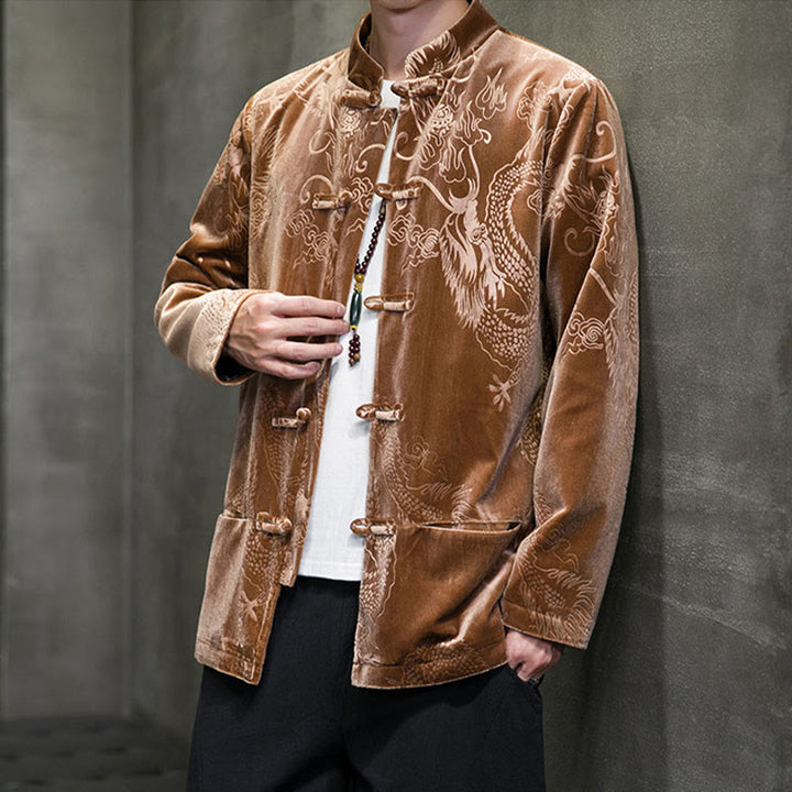 Buddha Stones Uomo Rana-bottoni Tang Suit Drago Modello Lisvelte Cotone Giacca Camicia Con Tasche