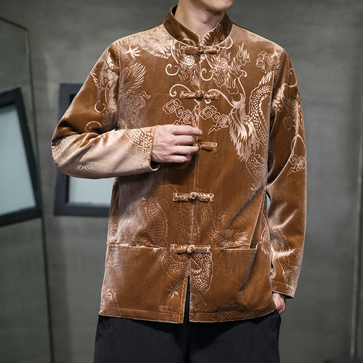 Buddha Stones Uomo Rana-bottoni Tang Suit Drago Modello Lisvelte Cotone Giacca Camicia Con Tasche - image 2