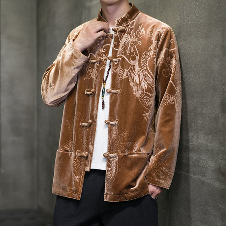 Buddha Stones Uomo Rana-bottoni Tang Suit Drago Modello Lisvelte Cotone Giacca Camicia Con Tasche - image 7