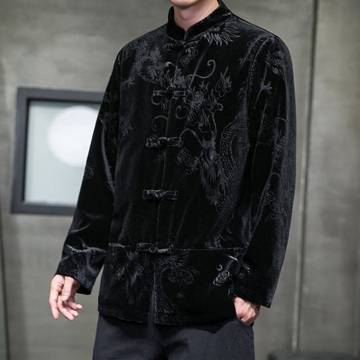 Buddha Stones Uomo Rana-bottoni Tang Suit Drago Modello Lisvelte Cotone Giacca Camicia Con Tasche