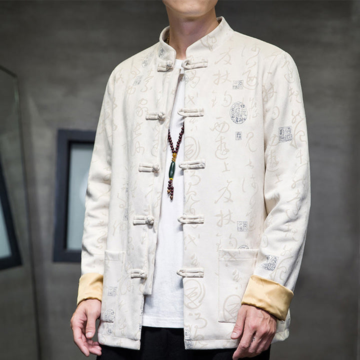 Giacca camicia in poliestere con tasche in pelle di cervo con bottoni a rana da uomo, modello di calligrafia cinese, abito tang con Buddha Stones