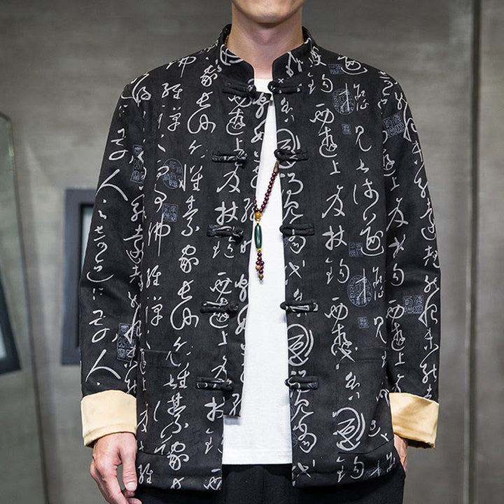 Giacca camicia in poliestere con tasche in pelle di cervo con bottoni a rana da uomo, modello di calligrafia cinese, abito tang con Buddha Stones