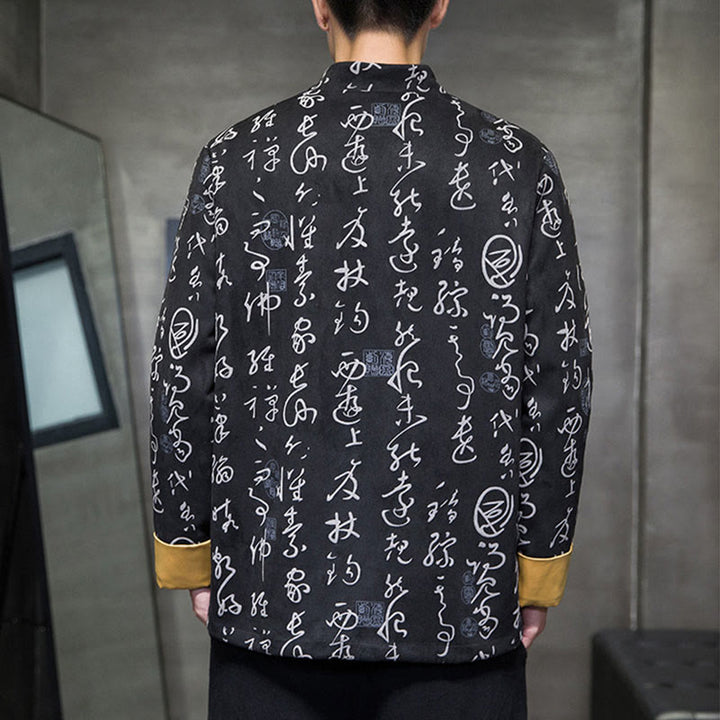 Giacca camicia in poliestere con tasche in pelle di cervo con bottoni a rana da uomo, modello di calligrafia cinese, abito tang con Buddha Stones