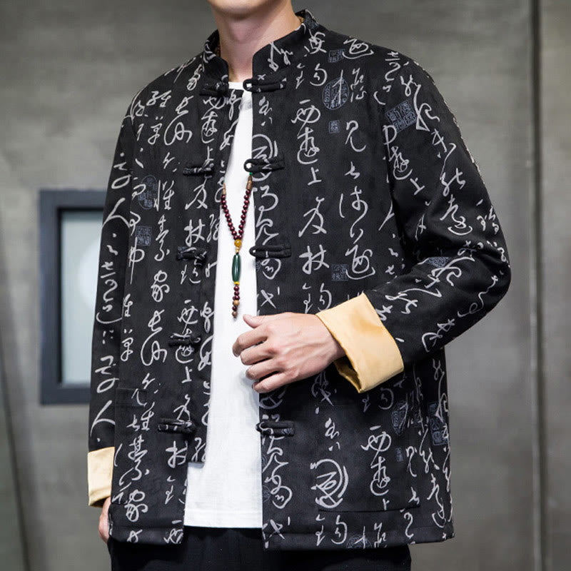 Giacca camicia in poliestere con tasche in pelle di cervo con bottoni a rana da uomo, modello di calligrafia cinese, abito tang con Buddha Stones