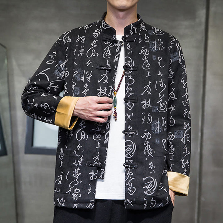Giacca camicia in poliestere con tasche in pelle di cervo con bottoni a rana da uomo, modello di calligrafia cinese, abito tang con Buddha Stones