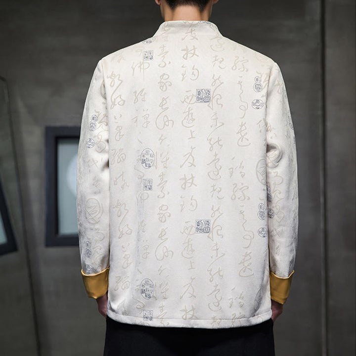 Giacca camicia in poliestere con tasche in pelle di cervo con bottoni a rana da uomo, modello di calligrafia cinese, abito tang con Buddha Stones