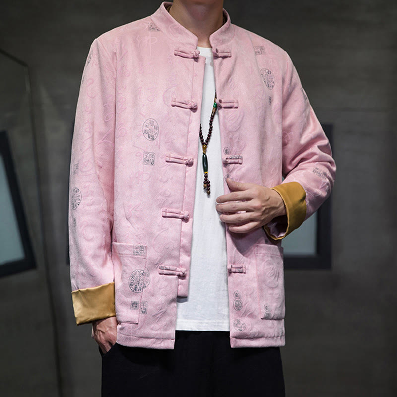 Giacca camicia in poliestere con tasche in pelle di cervo con bottoni a rana da uomo, modello di calligrafia cinese, abito tang con Buddha Stones