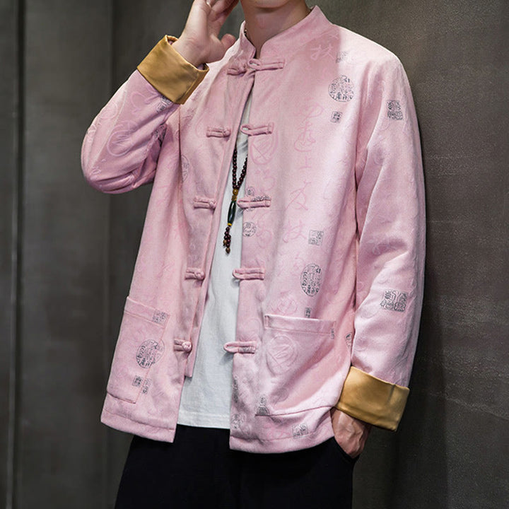 Giacca camicia in poliestere con tasche in pelle di cervo con bottoni a rana da uomo, modello di calligrafia cinese, abito tang con Buddha Stones