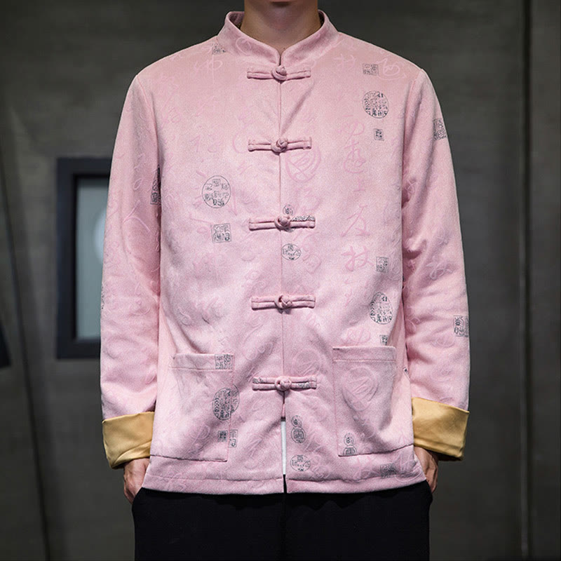 Giacca camicia in poliestere con tasche in pelle di cervo con bottoni a rana da uomo, modello di calligrafia cinese, abito tang con Buddha Stones