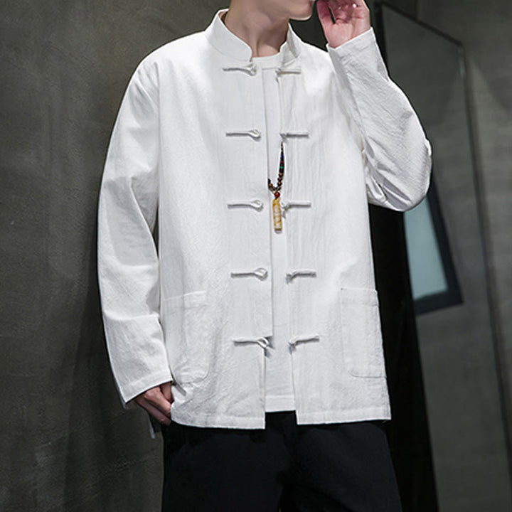 Giacca da uomo in lino e cotone con tasche, tinta unita, bottoni a rana , Buddha Stones - image 43