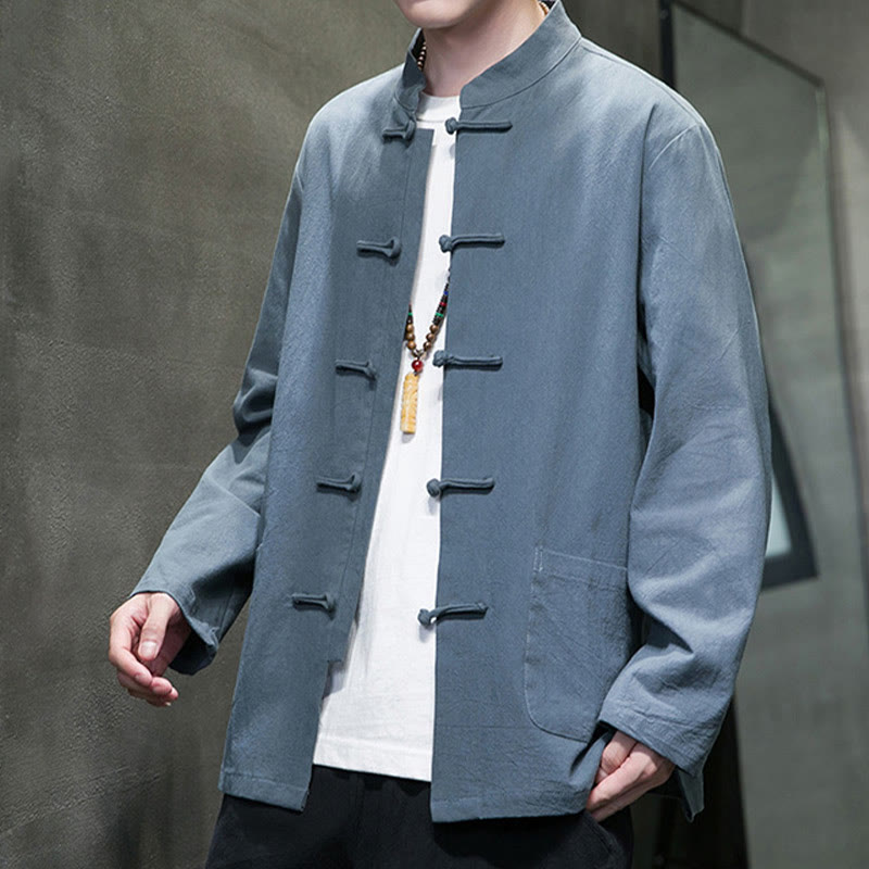 Giacca da uomo in lino e cotone con tasche, tinta unita, bottoni a rana , Buddha Stones - image 1