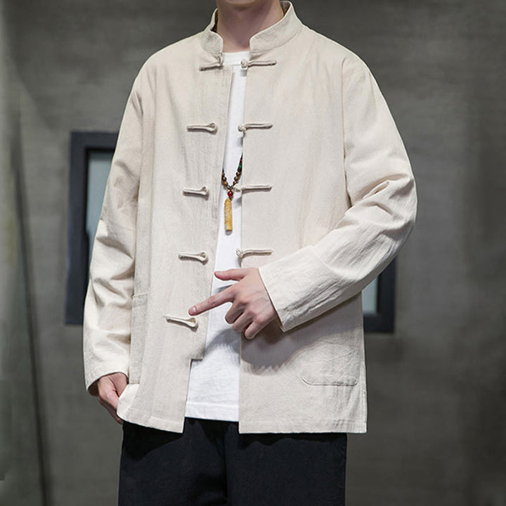 Giacca da uomo in lino e cotone con tasche, tinta unita, bottoni a rana , Buddha Stones - image 16