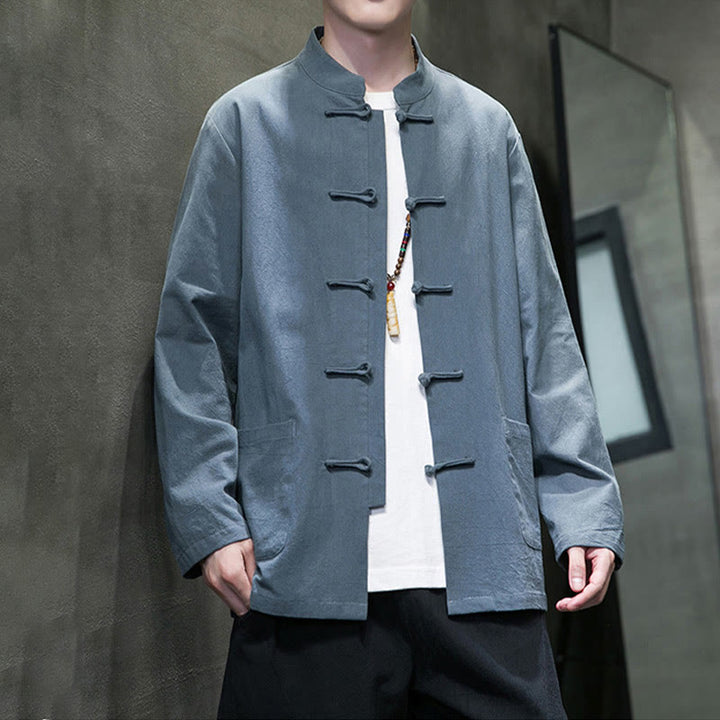 Giacca da uomo in lino e cotone con tasche, tinta unita, bottoni a rana , Buddha Stones - image 4