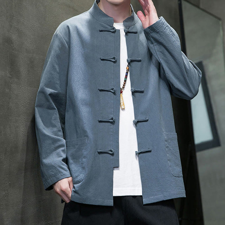 Giacca da uomo in lino e cotone con tasche, tinta unita, bottoni a rana , Buddha Stones - image 2