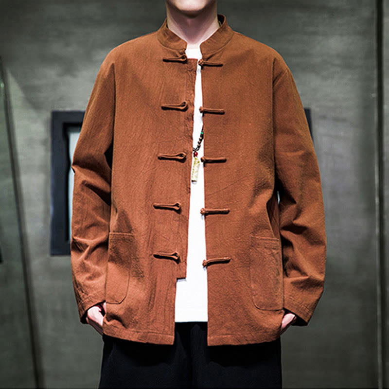 Giacca da uomo in lino e cotone con tasche, tinta unita, bottoni a rana , Buddha Stones - Cioccolato - US/UK/AU46, EU56 (5XL) - image 19