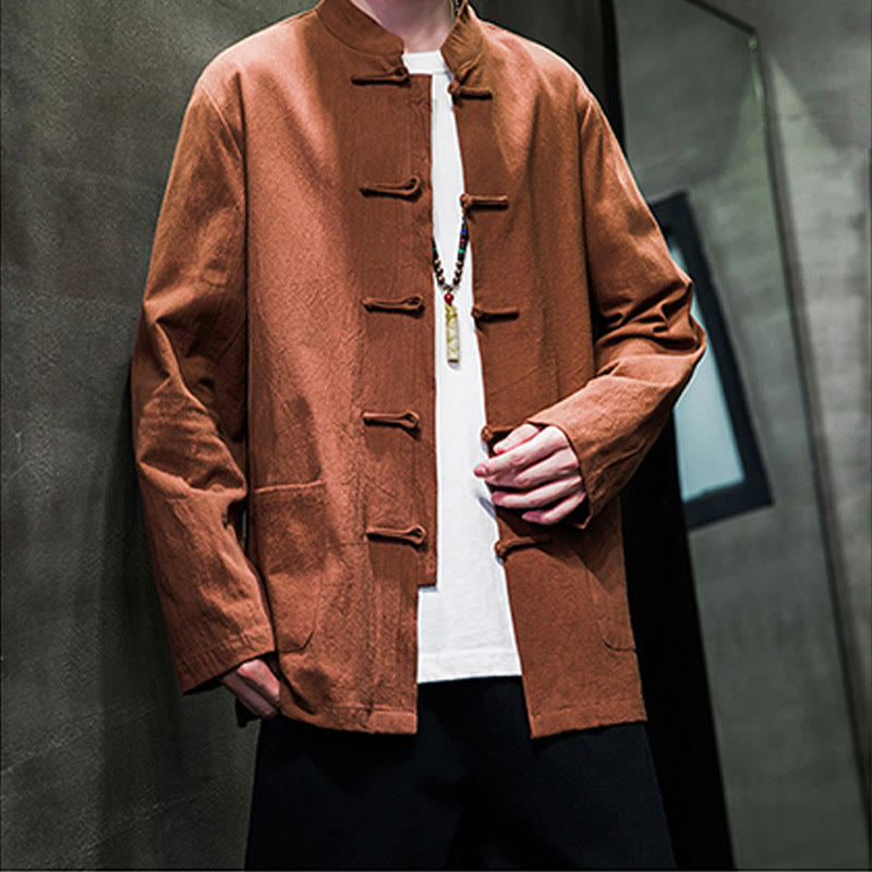 Giacca da uomo in lino e cotone con tasche, tinta unita, bottoni a rana , Buddha Stones - image 20