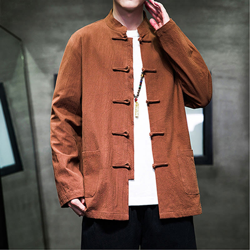 Giacca da uomo in lino e cotone con tasche, tinta unita, bottoni a rana , Buddha Stones - image 22