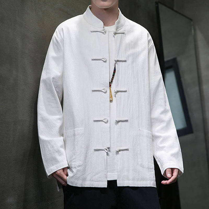 Giacca da uomo in lino e cotone con tasche, tinta unita, bottoni a rana , Buddha Stones - image 42