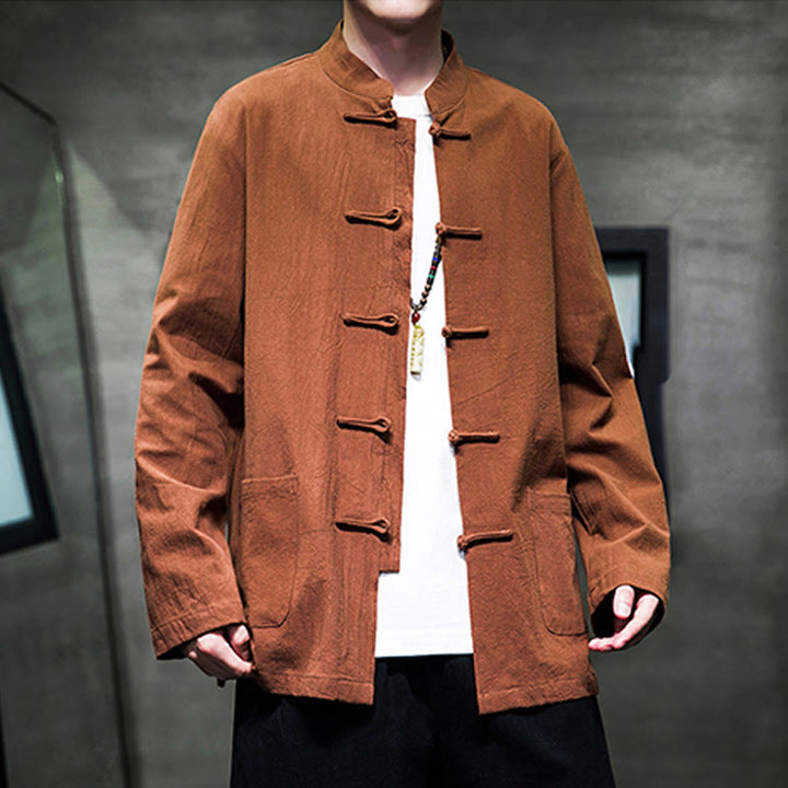 Giacca da uomo in lino e cotone con tasche, tinta unita, bottoni a rana , Buddha Stones - image 21