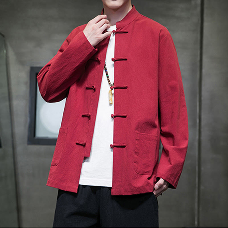 Giacca da uomo in lino e cotone con tasche, tinta unita, bottoni a rana , Buddha Stones - image 37