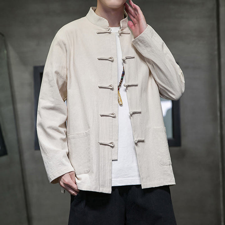 Giacca da uomo in lino e cotone con tasche, tinta unita, bottoni a rana , Buddha Stones - image 15
