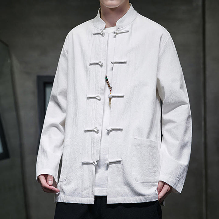Giacca da uomo in lino e cotone con tasche, tinta unita, bottoni a rana , Buddha Stones - image 41