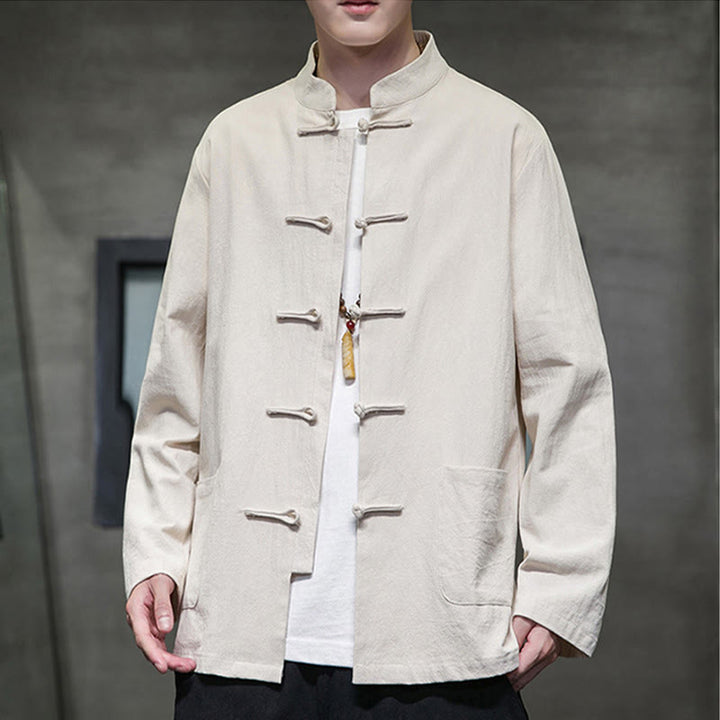 Giacca da uomo in lino e cotone con tasche, tinta unita, bottoni a rana , Buddha Stones - image 14