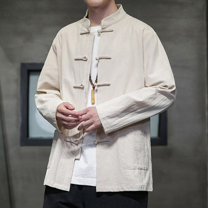 Giacca da uomo in lino e cotone con tasche, tinta unita, bottoni a rana , Buddha Stones - image 12